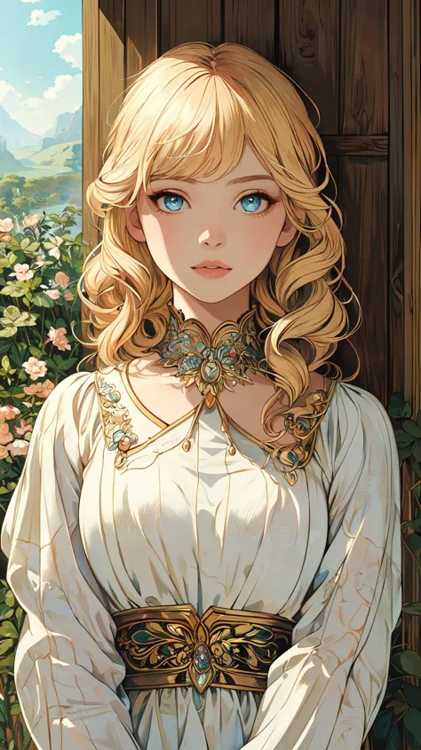 (masterpiece), (best quality), (ultra-detailed), (best illustration),(best shadow), (detailed eyes:1.1),
1girl, blonde hair, outdoors, sitting, upper body, portrait, fantasy style, white dress, 
<lora:tbh132-:0.6> style of Walter Crane,