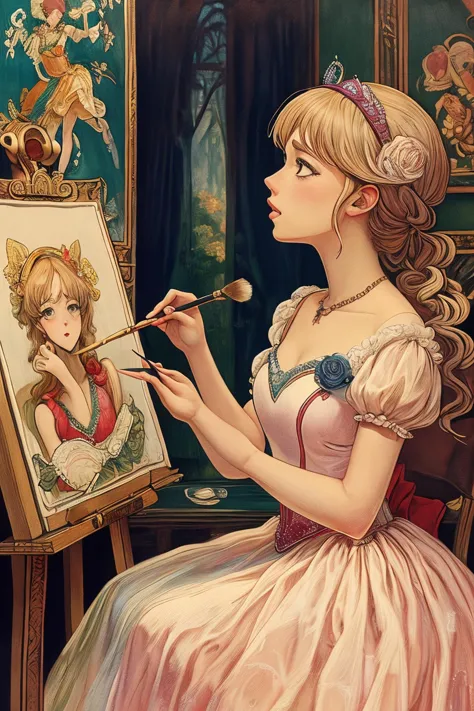 a woman in a pink dress painting a picture of a girl