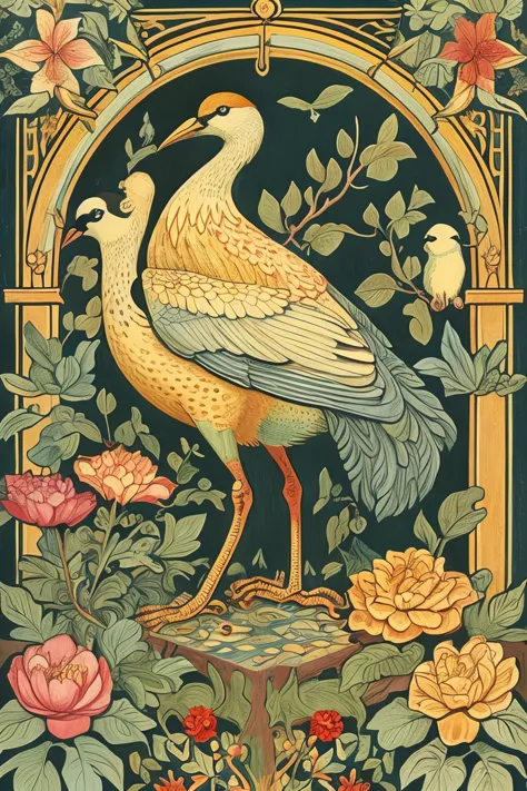 a close up of a painting of two birds on a pedestal