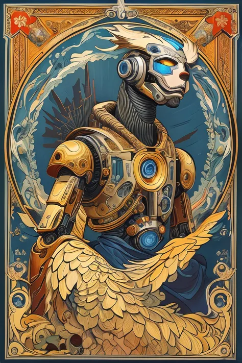 a painting of a robot with a bird on its back