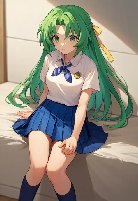 a close up of a person sitting on a bed with a green hair