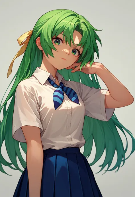 anime girl with green hair and a white shirt and blue skirt