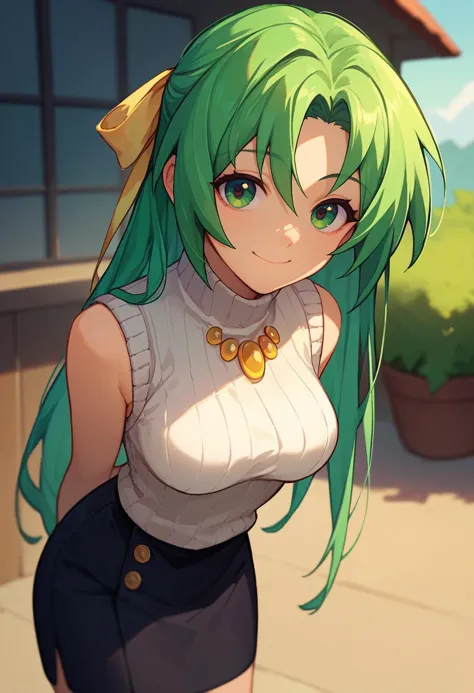 score_9, score_8_up, score_7_up, 1girl,   ShionSW, green hair, long hair, green eyes, hair ribbon, white turtleneck sweater, black skirt, yellow necklace, sleeveless, bent over, smile, closed mouth, arms behind back, outdoors,     <lora:Shion DORAV3-000008:1>