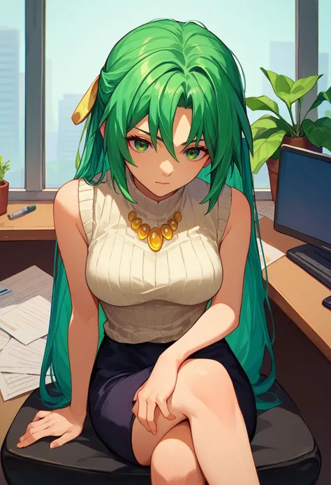 score_9, score_8_up, score_7_up, 1girl,   ShionSW, green hair, long hair, green eyes, hair ribbon, white turtleneck sweater, black skirt, yellow necklace, sleeveless, sitting, crossed legs, office,   <lora:Shion DORAV3-000008:1>