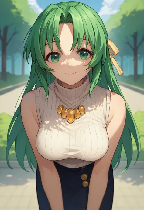 score_9, score_8_up, score_7_up, source_anime, 1girl,   sonozaki shion, green hair, long hair, green eyes, yellow ribbon, turtleneck sweater, black skirt, yellow necklace, sleeveless,  bent over, pov, light smile, closed mouth,  outdoors, solo,  <lora:Shion V3_1-000005:1>