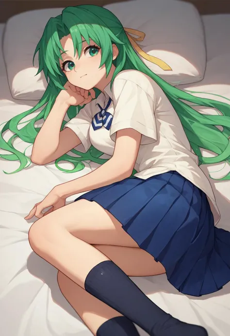 anime girl with green hair and blue skirt laying on a bed