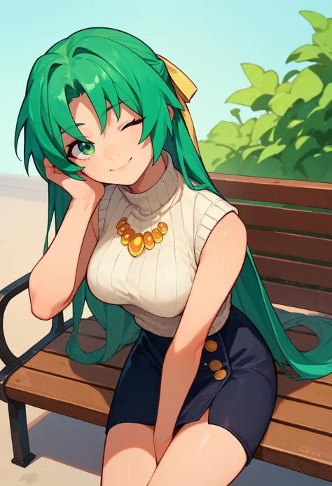 score_9, score_8_up, score_7_up, 1girl,   ShionSW, green hair, long hair, green eyes, hair ribbon, white turtleneck sweater, black skirt, yellow necklace, sleeveless, sitting, bench, panty peek, one eye closed, light smile,     <lora:Shion DORAV3-000008:1>