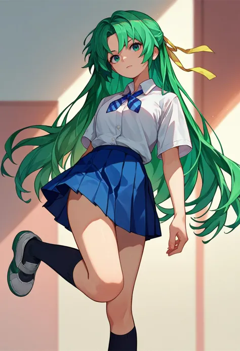 score_9, score_8_up, score_7_up, source_anime, 1girl,  ShiiSchool, green hair, long hair, green eyes, hair ribbon, white shirt, blue necktie, pleated skirt,  black kneehighs <lora:Shion DORA test-000009:1>