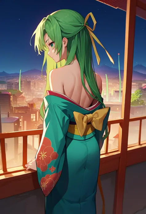 score_9, score_8_up, score_7_up, source_anime, 1girl,  shirnd, green hair, long hair, green eyes, hair ribbon, kimono, off shoul...