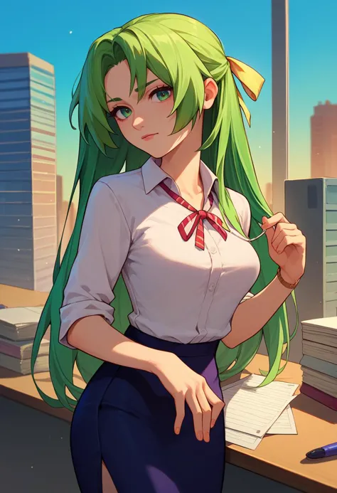 anime girl with green hair and a white shirt and tie