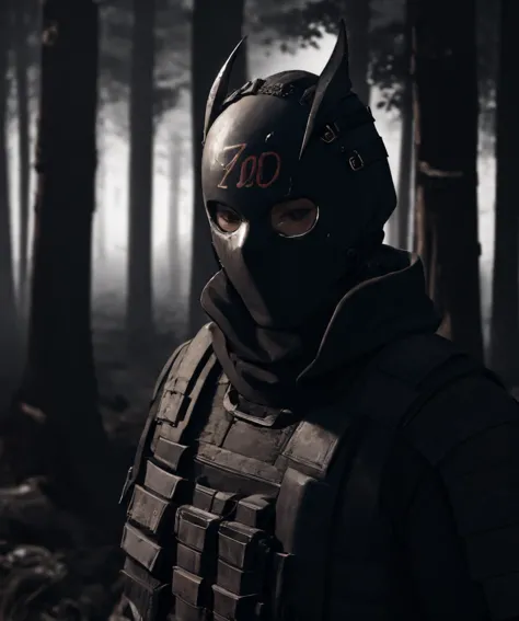 grey theme, dark theme, masterpiece, best quality, detailed, spe, blurry, 1boy, male focus, horns, no eyes, gloves, long sleeves, armor, bulletproof vest ,covered face,looking at viewer, outdoors, forest,<lora:special_forces-04:0.8> <lora:LowRA:0.8>