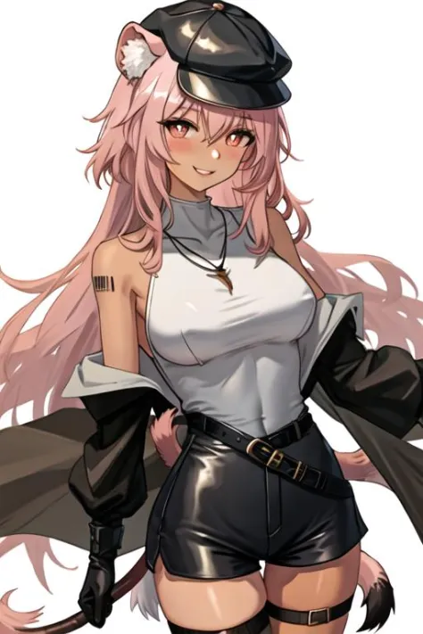 best quality, masterpiece, highres, solo, {gravel_arknights:1.15}, animal_ears, long_hair, pink_hair, animal_ear_fluff, smile, blush, hair_between_eyes, bangs, breasts, upper_body, 1girl, black_headwear, hat, jewelry, necklace, official_alternate_costume, ...