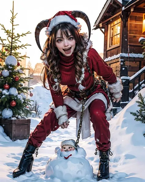 woman in santa outfit posing with snowman in front of house