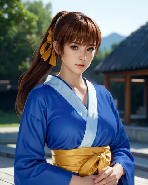 medium shot of kasumi, brown hair, ponytail, blue clothes, obi, pelvic curtain, solo, side lighting, shallow sharp depth of field,(highly detailed),photorealistic, (Masterpiece), (HDR), (8k wallpaper)  <lora:doa_kasumi-v2:0.35>