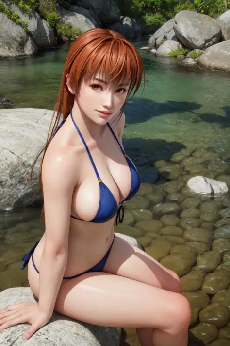 <lora:doa_kasumi2:0.7>  kasumi, bikini, sitting on rocks above river