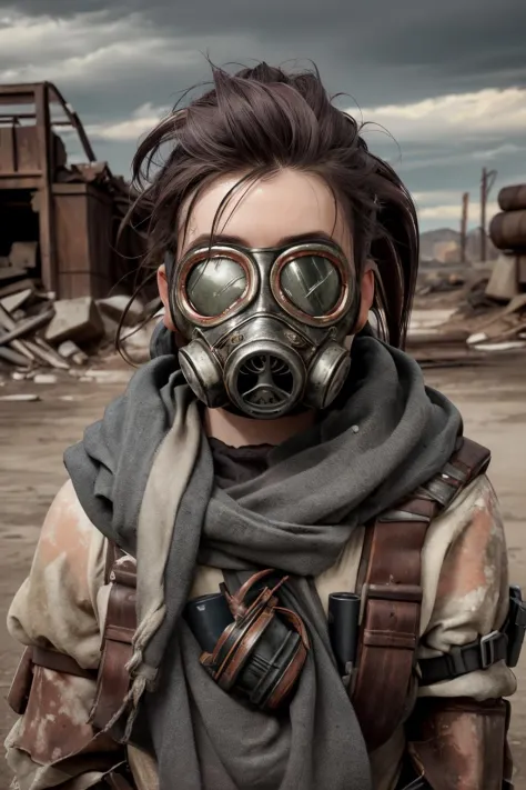 photograph, hyper realistic, high resolution, 4k UHD, RAW, extremely detailed, very sharp, masterpiece, centered well, post-apocalypic_fashion, gas mask <lora:post-apocalypic_fashion:1>