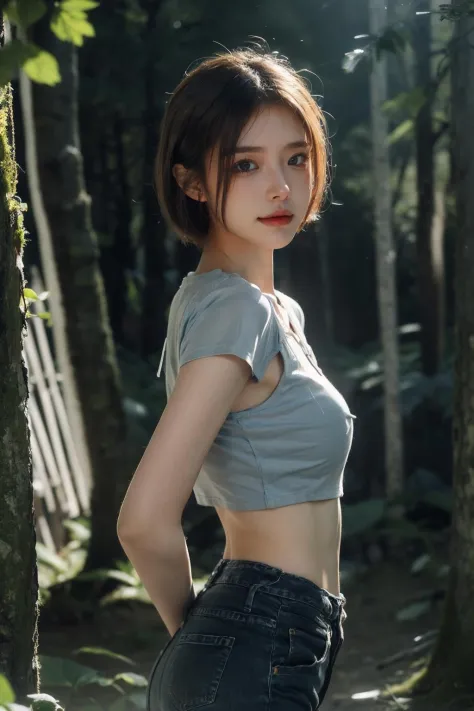 bjeans, bpants Masterpiece, best quality, (highly detailed photo:1. 1), 8k render in octane, volumetric lighting, volumetric shadows, blond girl, short hair, (reflexes:1.2), (top transparencies:1.3), (angry and passionate look), green eyes, (smiling) fores...