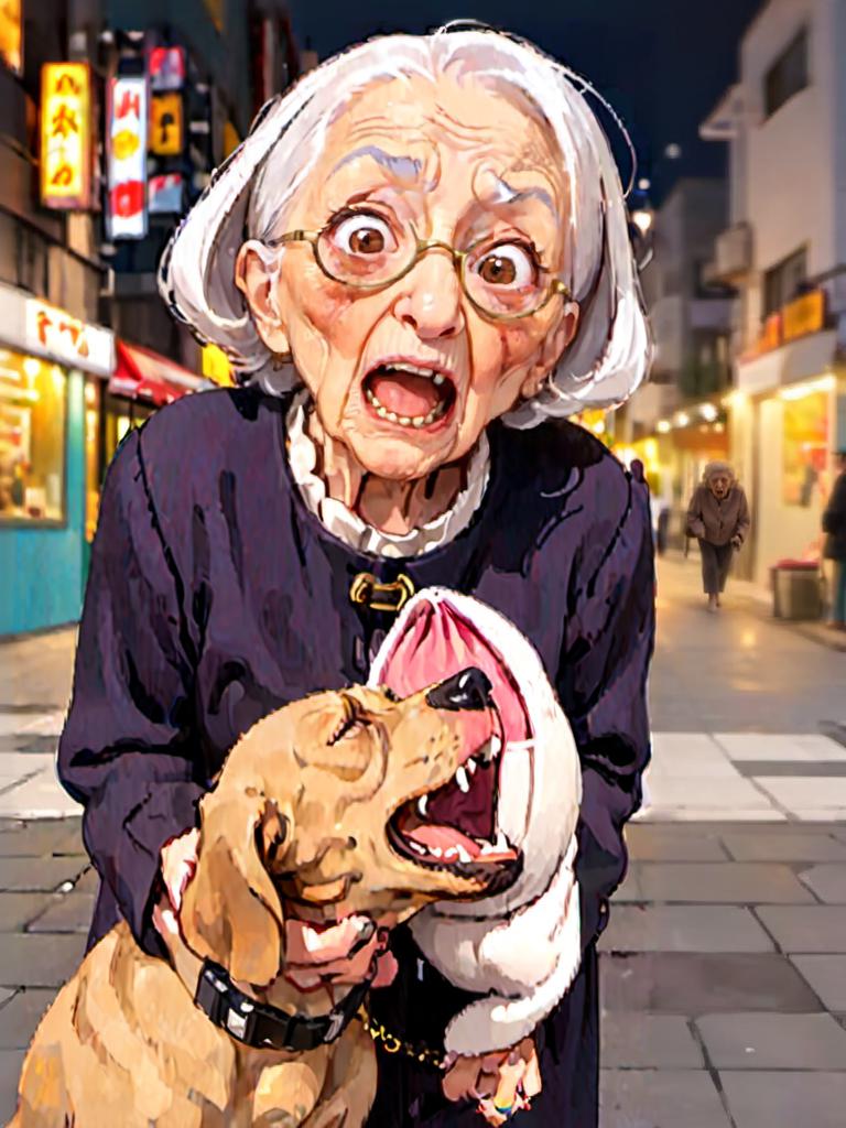 An old woman holding a dog in her arms on a city street - SeaArt AI