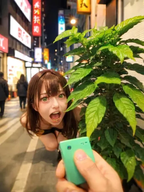 masterpiece, best quality, very aesthetic, absurdres,
a green plant, open mouth, funny face, looking at viewer, pov, street, cit...