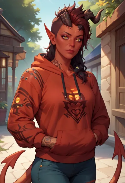 a woman in a red hoodie with horns and horns on her head