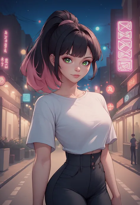 score_9, score_8_up, score_7_up, source_anime, 1girl, outside, modern city street, night,neon lights, bokeh, depth of field, pink IncursioDipDyedHair, black hair, ponytail, high-waist pants, looking at viewer, shirt, <lora:DipDyedHairXLPD:1>, green eyes,