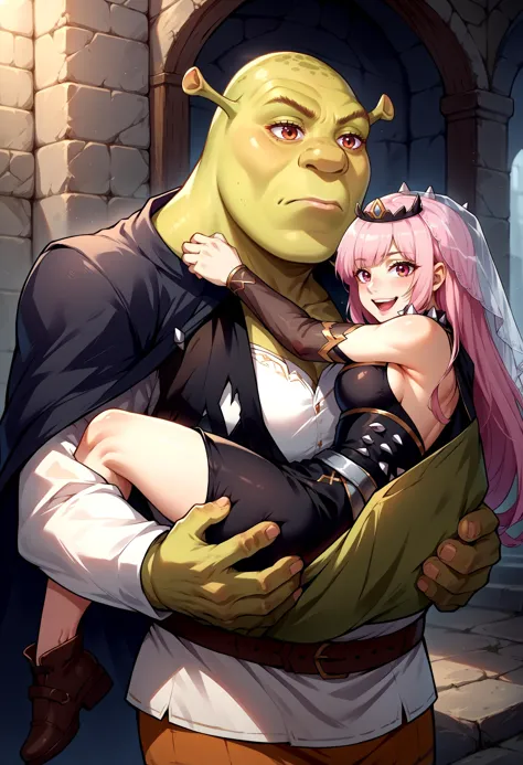 score_9, score_8_up, source_anime, princess carry,
BREAK shrek, green skin, <lora:Shrek_XLPD:1>, expressionless, 
BREAK <lora:ChamMoriCalliopePonyXL:1>, MoriBase, long hair, veil, tiara, long black sleeveless dress, cleavage, side slit, torn black cape, shoulder spikes, single black thighhigh, detached sleeves, see-through sleeve, happy,