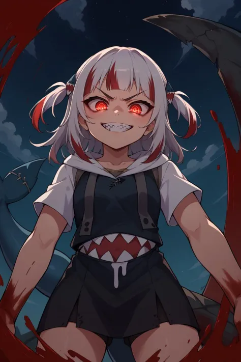 a girl with red eyes and a short skirt standing in front of a dark background