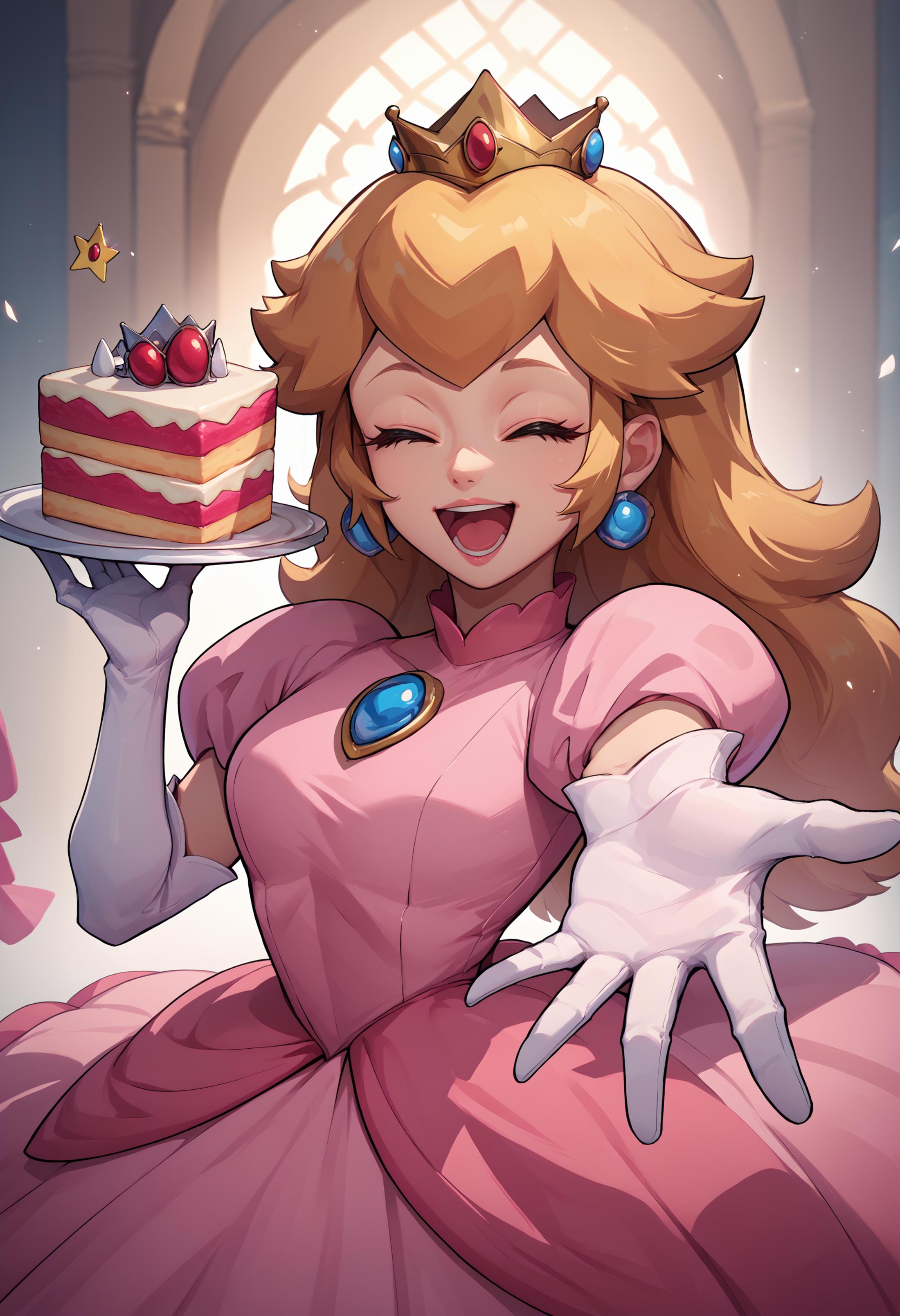 A cartoon picture of a woman in a pink dress holding a cake - SeaArt AI