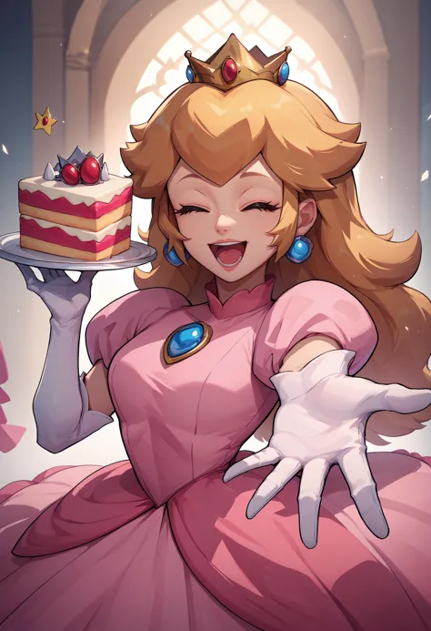 a cartoon picture of a woman in a pink dress holding a cake