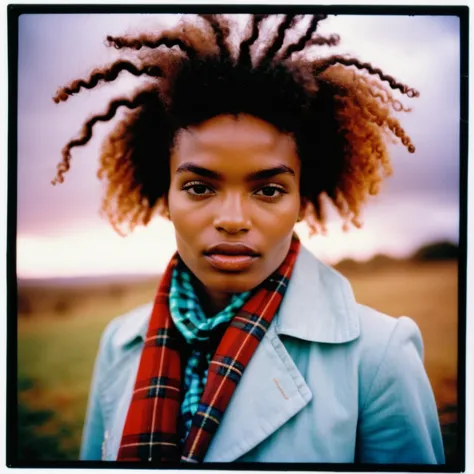 photograph, dressed in bewitching shweshwe, lovely skinny bedouin (abbiesynthxl:1.1) , afro hairstyle, tartan scarf, stormy weat...