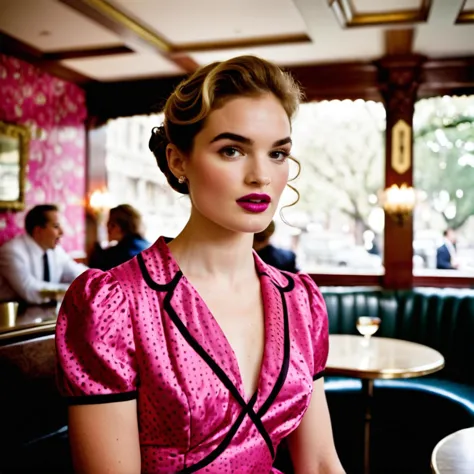 arafed woman in a pink dress sitting at a table in a restaurant