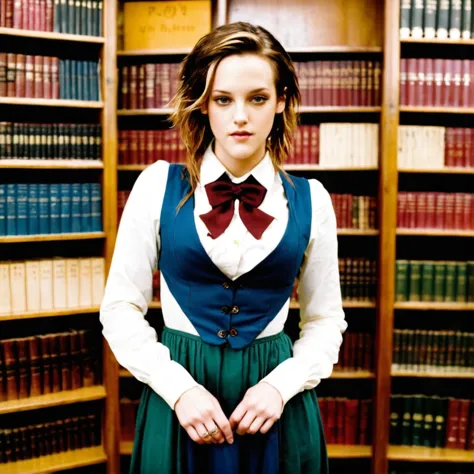 there is a woman standing in front of a book shelf