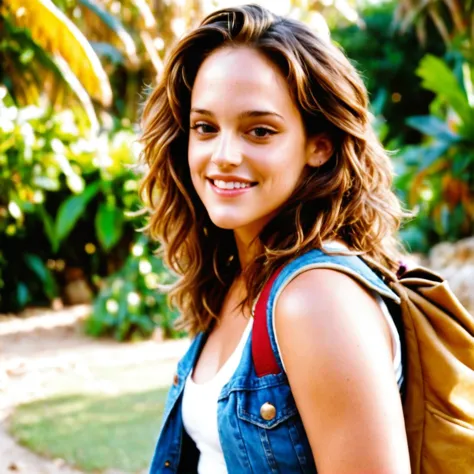 a close up of a woman with a backpack on a path