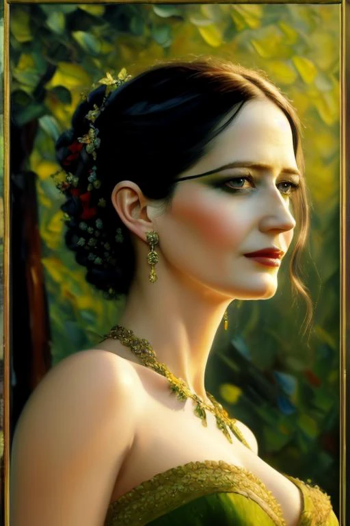 ((Oil painting:1.4))((best quality)), ((highly detailed)), masterpiece, extremely detailed face, beautiful face, (detailed eyes, deep eyes), (1girl), (((full body))), (evag1),((eva green:1.2)),(ilustration),huge Breasts,erotic body ,Very Short Hair, natural lighting, looking to viewer, (detailed face, detailed eyes, clear skin, clear eyes), lotr,(fantasy outfit),female, looking at viewer, photography, detailed skin, realistic, photo-realistic, 8k, highly detailed, full length frame, High detail RAW color art, piercing, soft lighting, shallow depth of field, sharp focus, hyperrealism, cinematic lighting