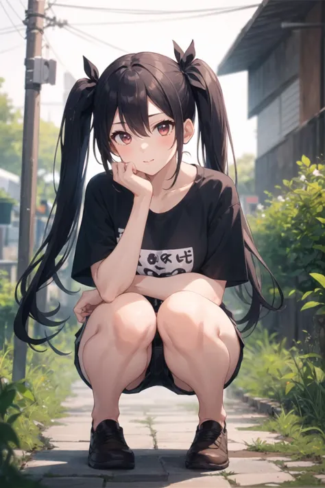 1girl, casual clothes, t-shirt, shorts, twintails, long hair, squatting, outdoors