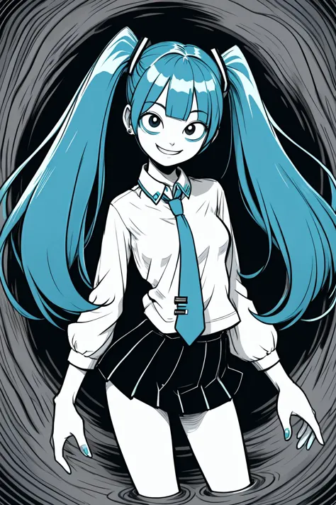 (by artist junji ito style:0.8), (masterpiece:1.2), best quality, masterpiece
hatsune miku, teal hair, long twintails, teal necktie, miniskirt,  , smile, grin, evil face, shaded face,(navel:0.6),
<lyco:itoStyleLoRA:0.8>