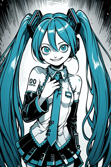 (vom Künstler Junji Ito Style:0.8), (Meisterwerk:1.2), beste Qualität, Meisterwerk
(hatsune miku:1.4), blaugrünes Haar, Lange Zwillingsschwänze, nackten Schultern,  teal necktie, miniskirt, lächeln, Grinsen, böses Gesicht, Schattiertes Gesicht,(Nabel:0.6),
