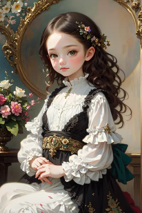 a painting of a girl sitting in front of a mirror