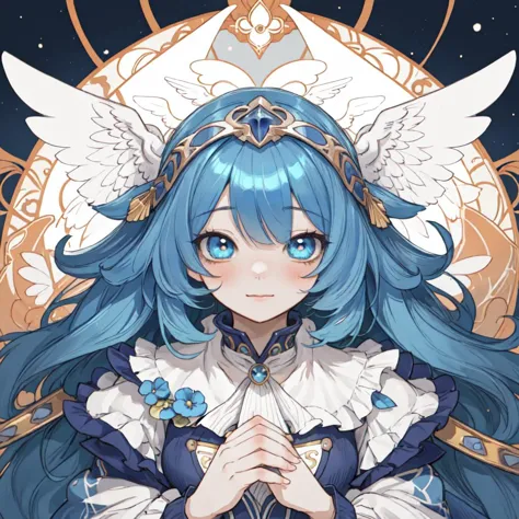 a close up of a person with blue hair and angel wings