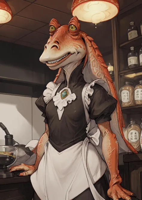 masterpiece, best quality, jar jar binks, fates maid, Beautiful Art Style, 1girl, young woman, blouse, mind-bending, ramen shop,...