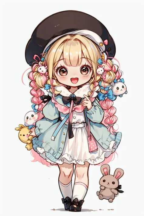 masterpiece, best quality, 8k, cinematic light, ultra high res, chibi, 1girl, hat, pink bow, bow, smile, open mouth, blonde hair...