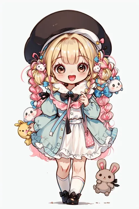 masterpiece, best quality, 8k, cinematic light, ultra high res, chibi, 1girl, hat, pink bow, bow, smile, open mouth, blonde hair, long hair, braid, solo, long sleeves, stuffed bunny, stuffed toy, white headwear, skirt, stuffed animal, twin braids, rabbit, animal ears, socks, bangs, full body, standing, brown eyes, pink bowtie, puffy long sleeves, hair bow, rabbit ears, beret, puffy sleeves, 