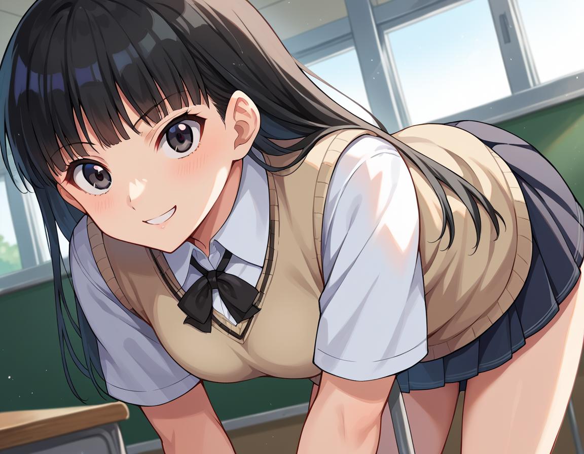 Anime girl in school uniform bending over to pick up a piece of paper -  SeaArt AI