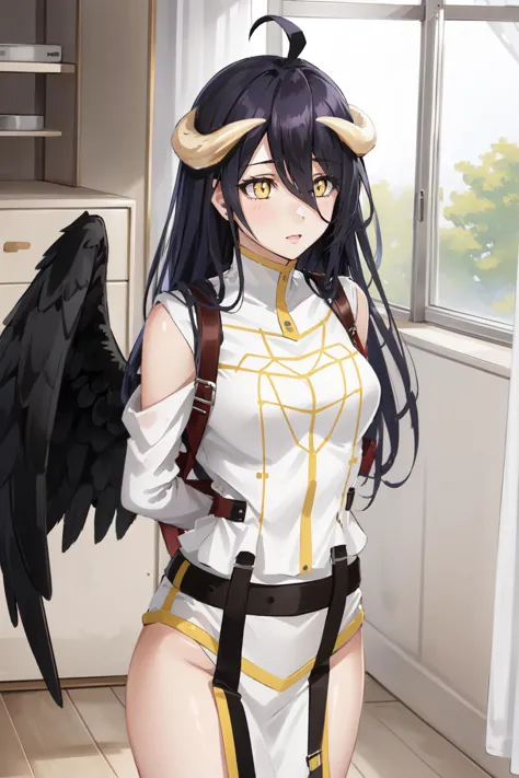 a woman with a goat head and wings is posing in a kitchen