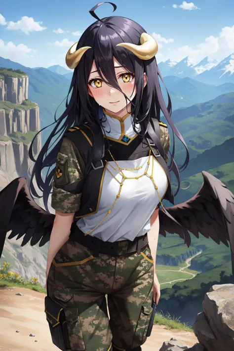 a woman with a bird on her shoulder standing on a mountain