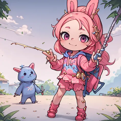 anime girl with pink hair and pink outfit holding a fishing pole