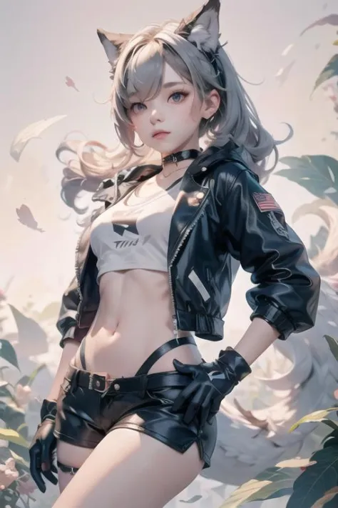 <lora:Crysdream1.5v1-000002:1><lora:silver_wolf-ani1.5v1:0.5> silver wolf, 1girl, solo, crop top, navel, shorts, stomach, lookin...