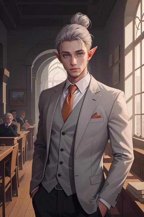 anime character dressed in a suit and tie standing in a room