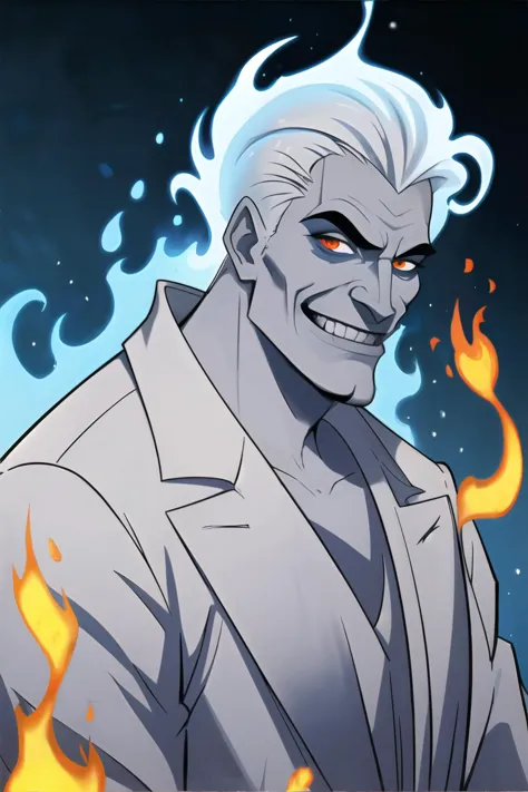 <lora:hades:0.5>, Hades_Disney, (white fire, firey hair, white hair), handsome man, white suit, cocaine, Snow Flame, sinister to...