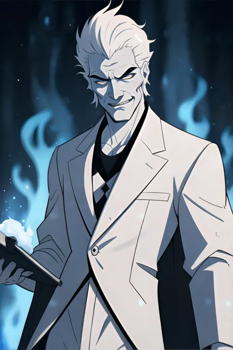 <lora:hades:0.5>, Hades_Disney, (white fire, firey hair, white hair), handsome man, white suit, cocaine, Snow Flame, sinister to...